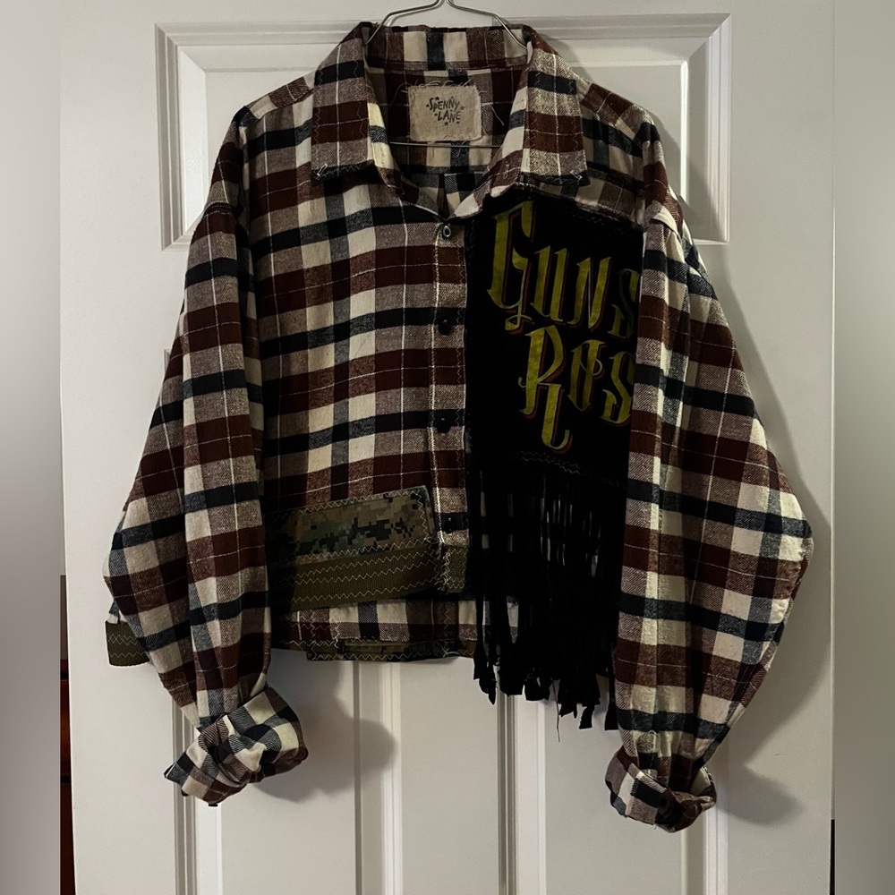 Plaid Flannel cropped button up with Guns N' Roses Patch